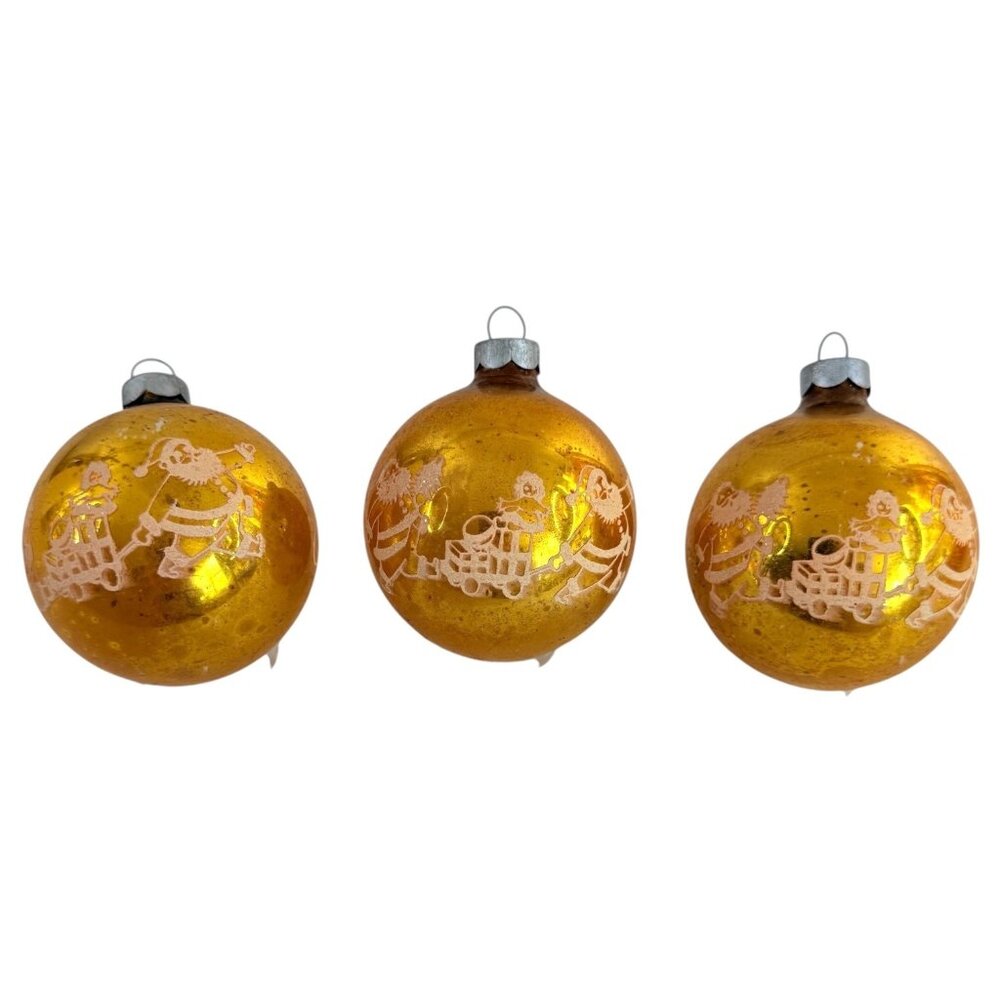 3 VTG Gold Glass Ornaments Santa Design Merry Christmas Tree stencil Mica Skiing